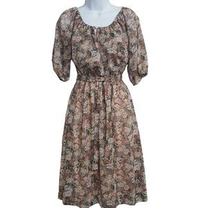 Eddys Vintage Womens Dress S Brown Floral Romantic Cottage Core Midi USA Tie Bel